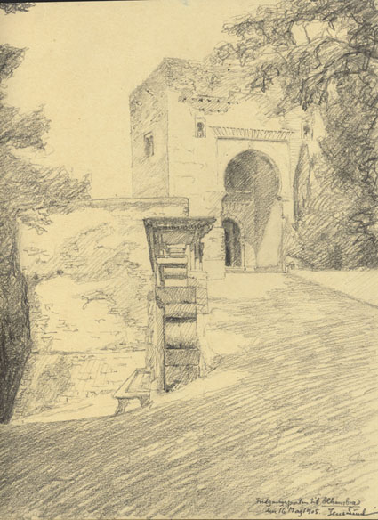Indgangen til Alhambra. Fra Jens Lunds skitsebog 1905